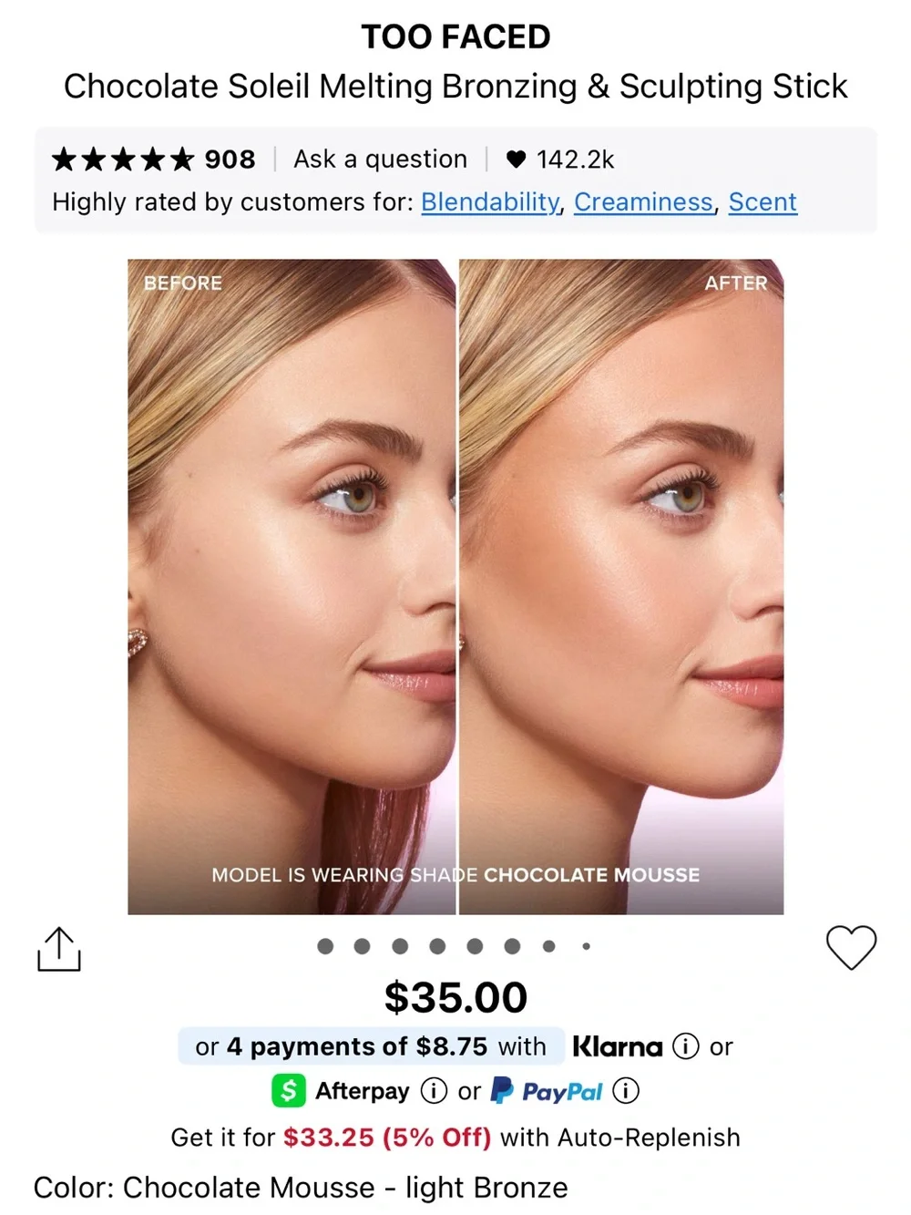 Too Faced Bronzer Stick CHOCOLATE MOUSSE (FULL) & SAIE BRONZER IN SWIM MINI 5mL